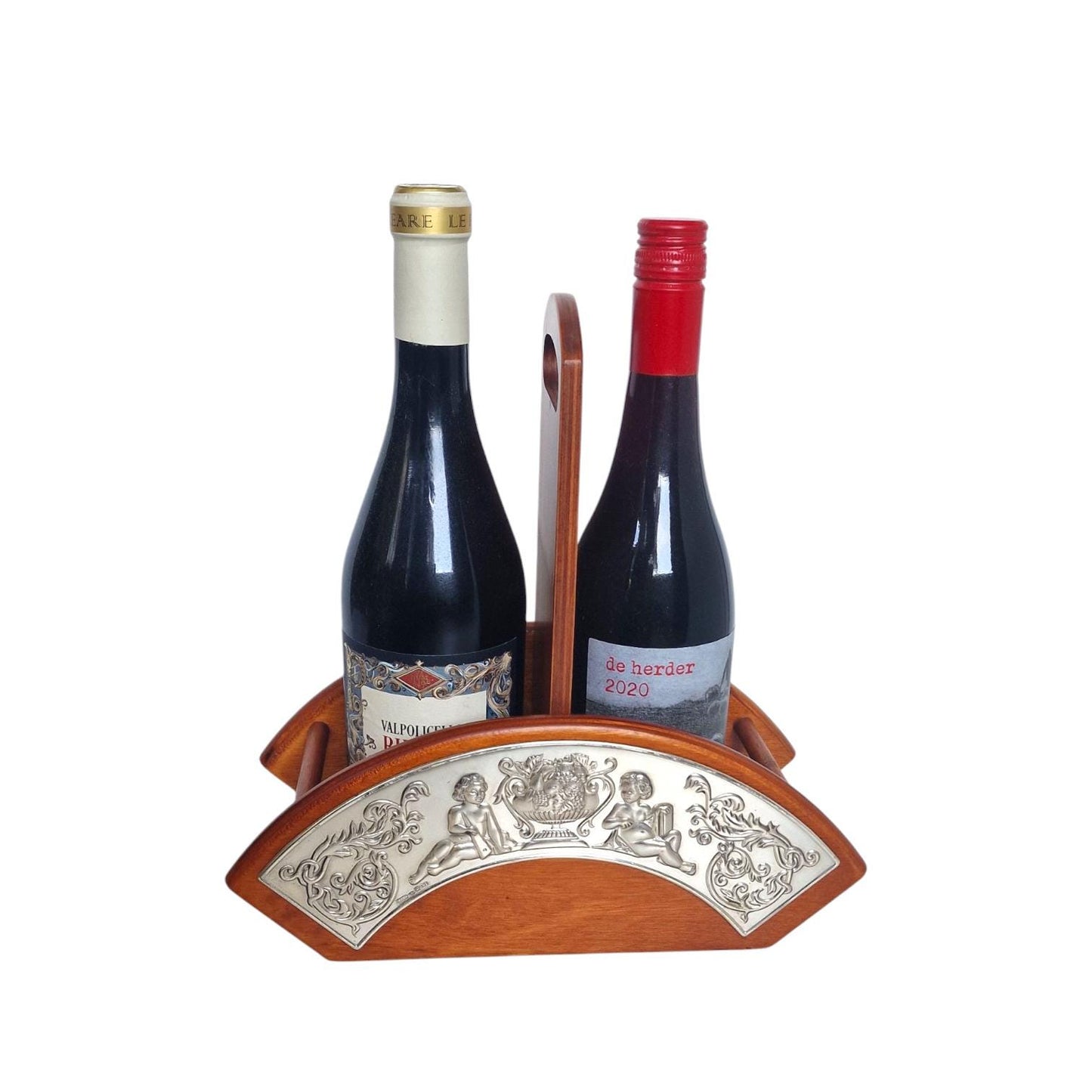 Sterling Silver Cherub Wine Bottle Holder, Wood Table Decor