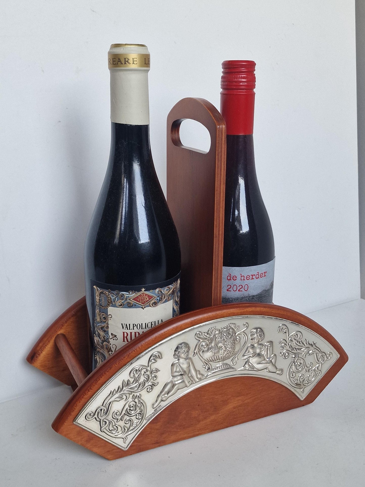 Sterling Silver Cherub Wine Bottle Holder, Wood Table Decor