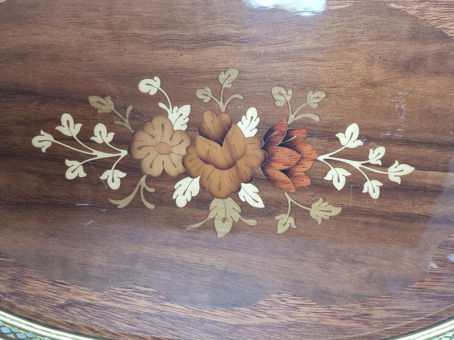 Edwardian Sheraton Style Marquetry Wood Tray with Brass Handles