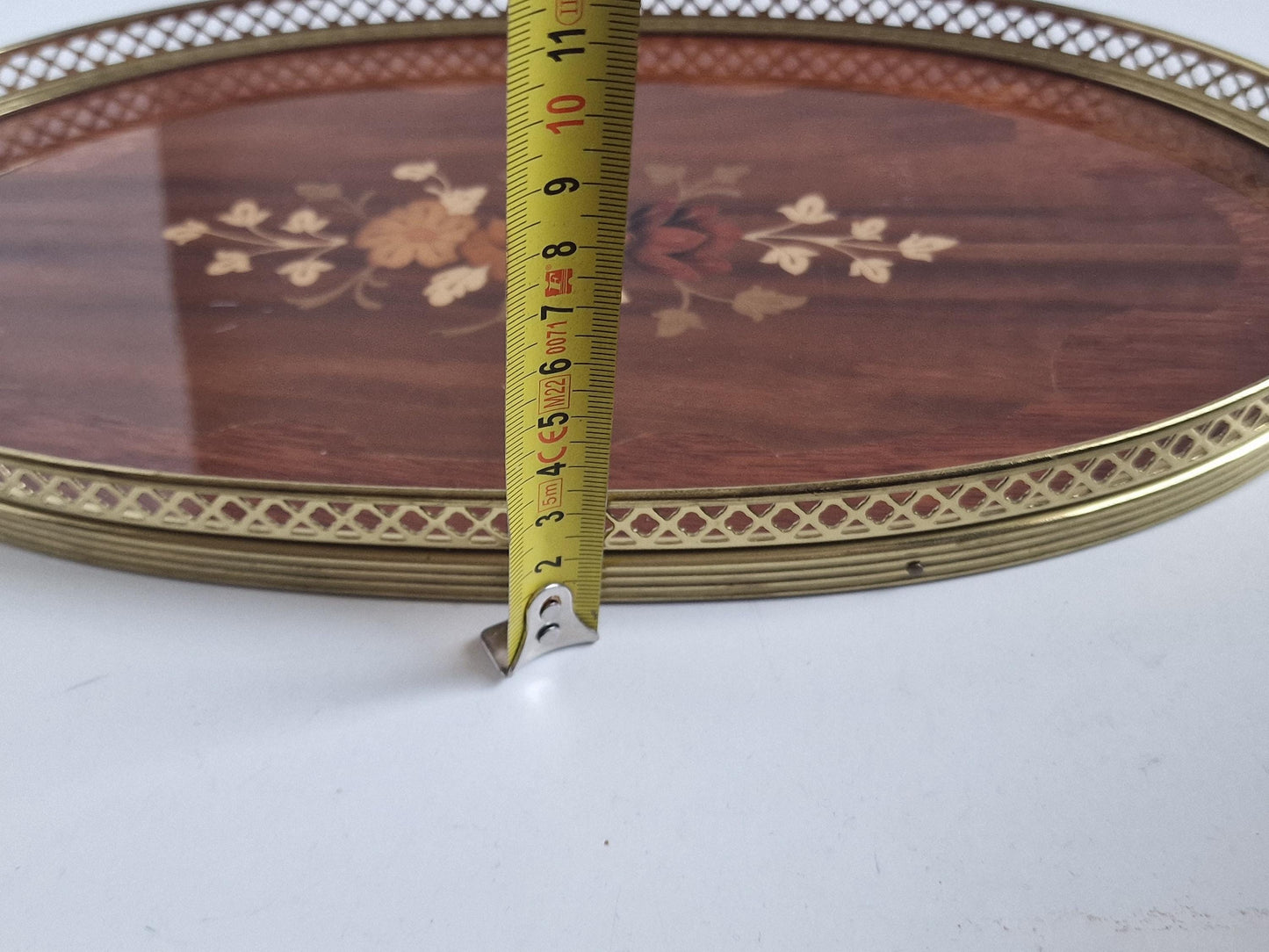 Edwardian Sheraton Style Marquetry Wood Tray with Brass Handles