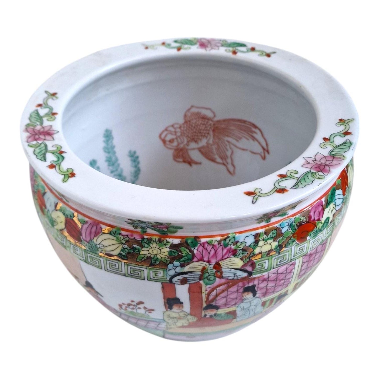 Large CHINESE Porcelain Fish Bowl or JARDINIERE, Famille Rose Mandarin Canton, 20th C planter