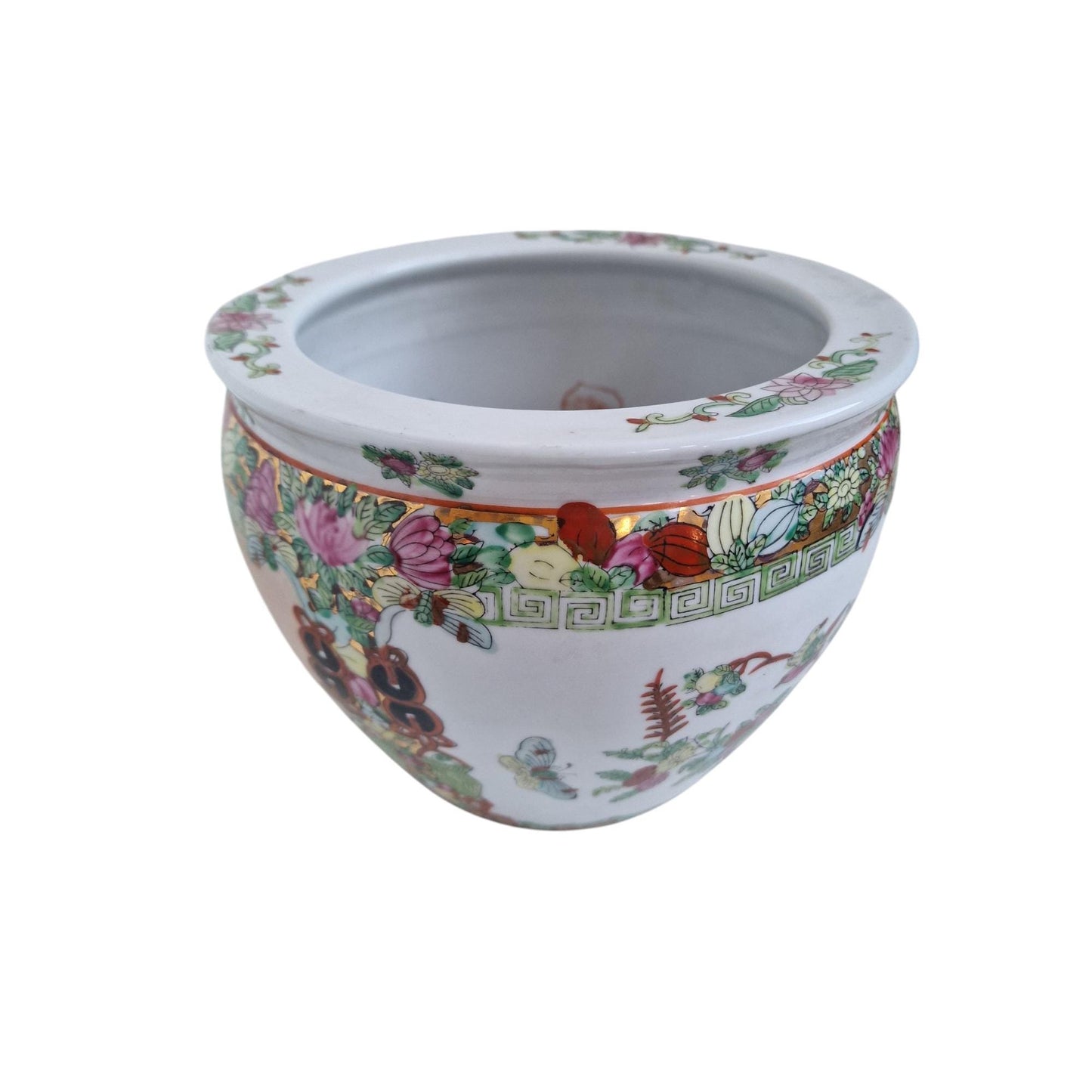 Large CHINESE Porcelain Fish Bowl or JARDINIERE, Famille Rose Mandarin Canton, 20th C planter