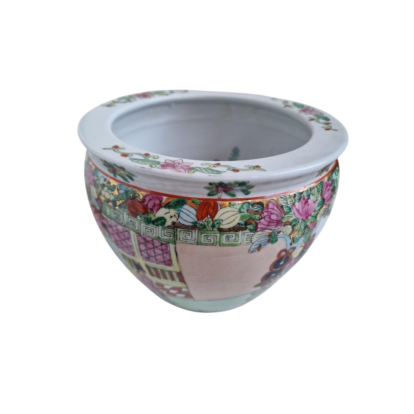 Large CHINESE Porcelain Fish Bowl or JARDINIERE, Famille Rose Mandarin Canton, 20th C planter