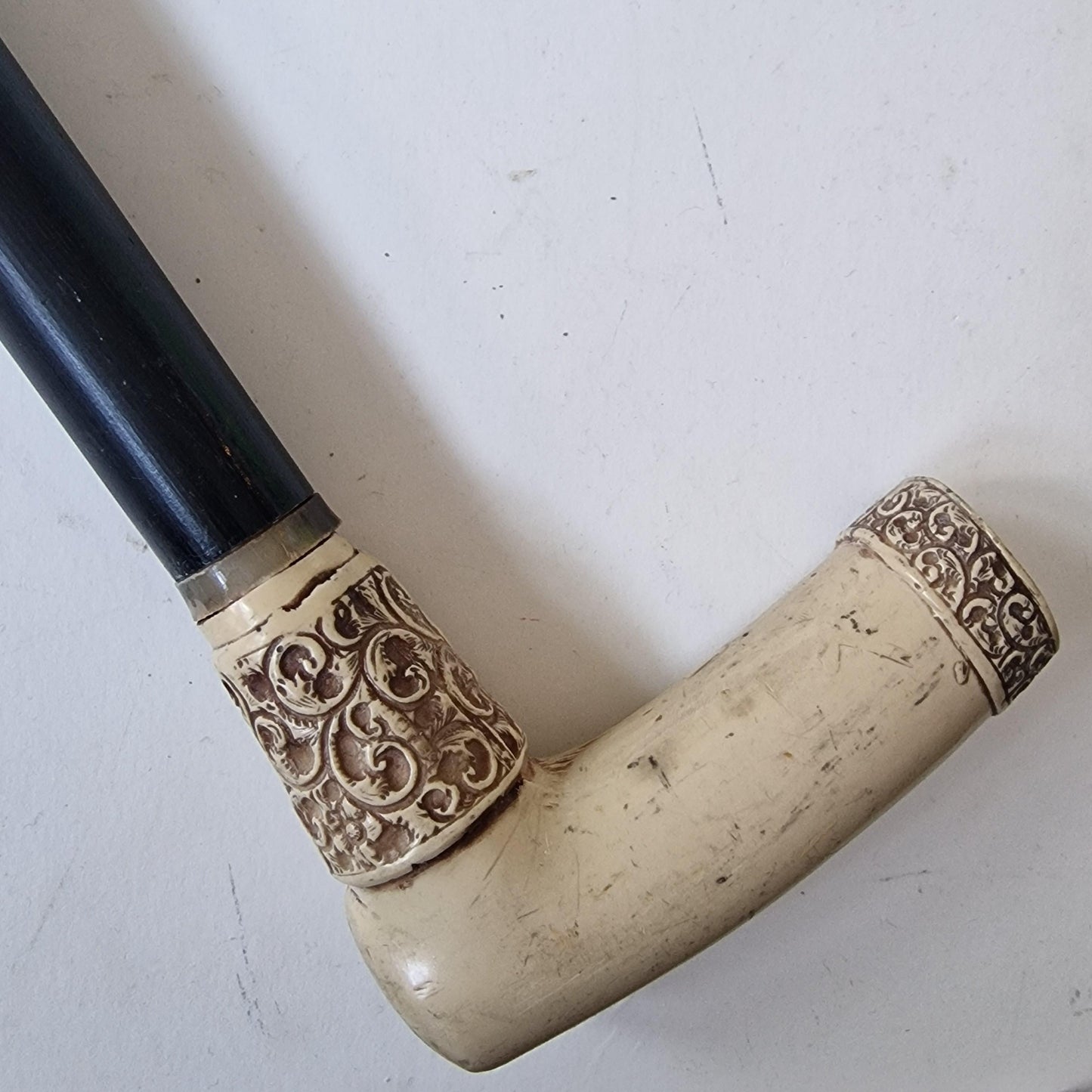 antique walking stick with bone, marked, european collection, gentlemen's flannel stick
