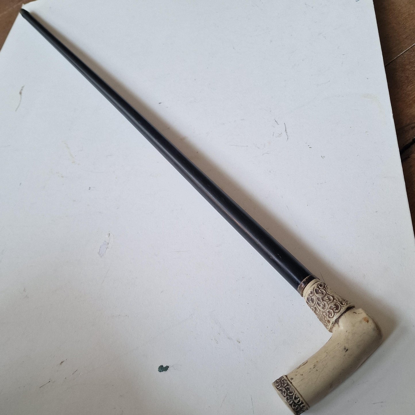 antique walking stick with bone, marked, european collection, gentlemen's flannel stick