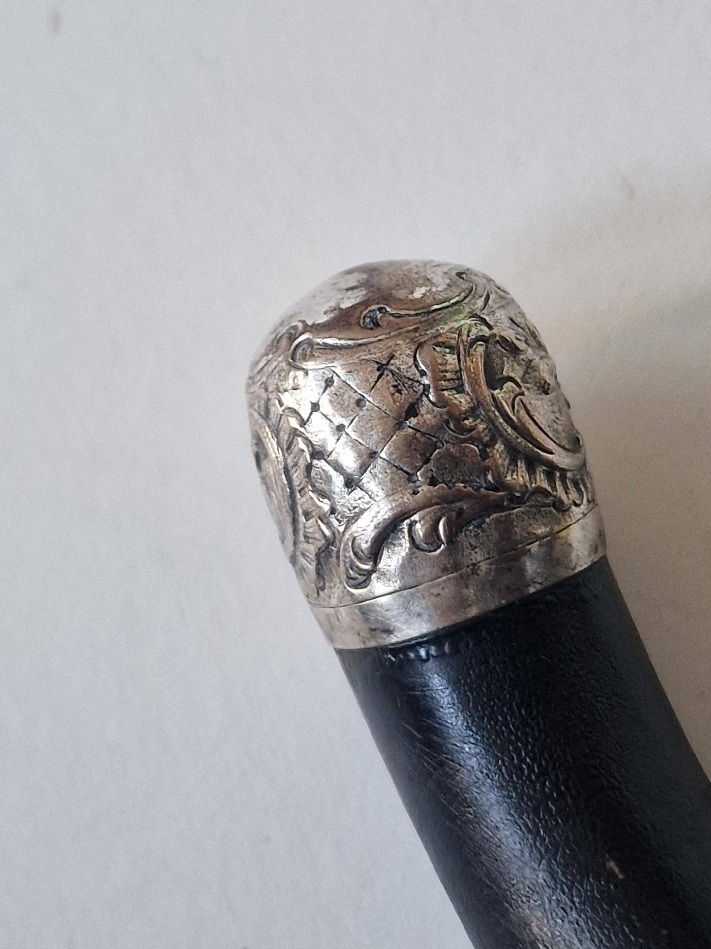 antique walking stick with bone and silver, marked, european collection, gentlemen's flannel stick