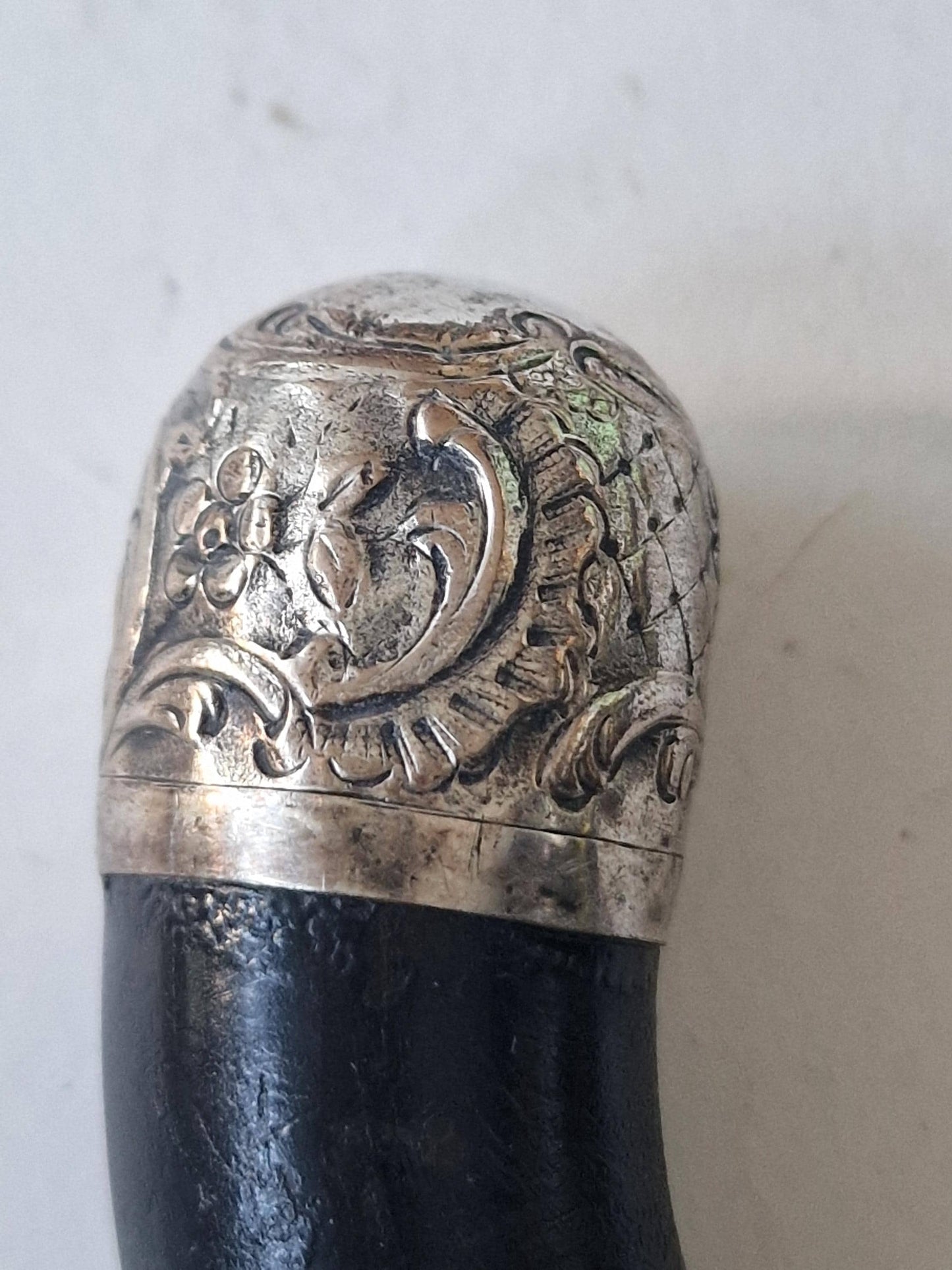 antique walking stick with bone and silver, marked, european collection, gentlemen's flannel stick