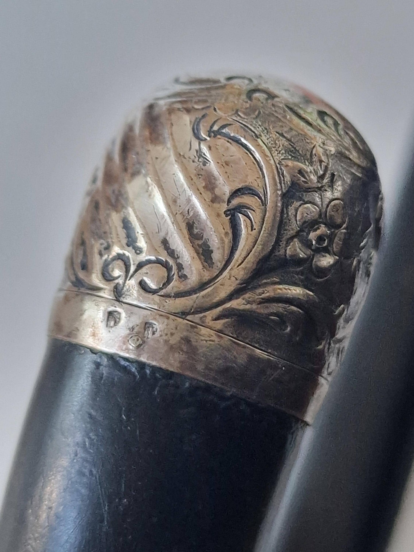 antique walking stick with bone and silver, marked, european collection, gentlemen's flannel stick