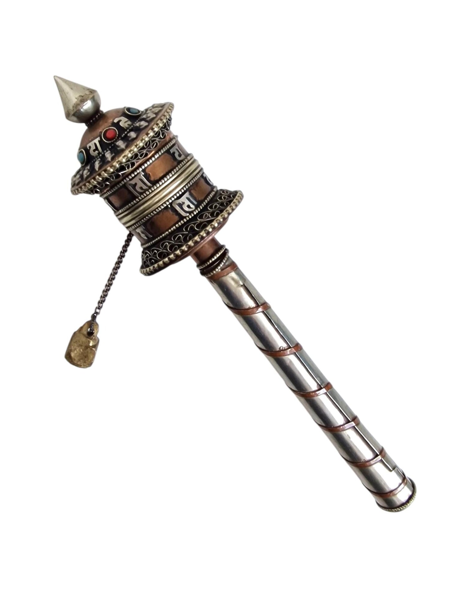 prayerwheel met siersteentjes, verzilverd- Tibet vintage boeddhisme gebedsmolen met papieren inhoud gebedsrol