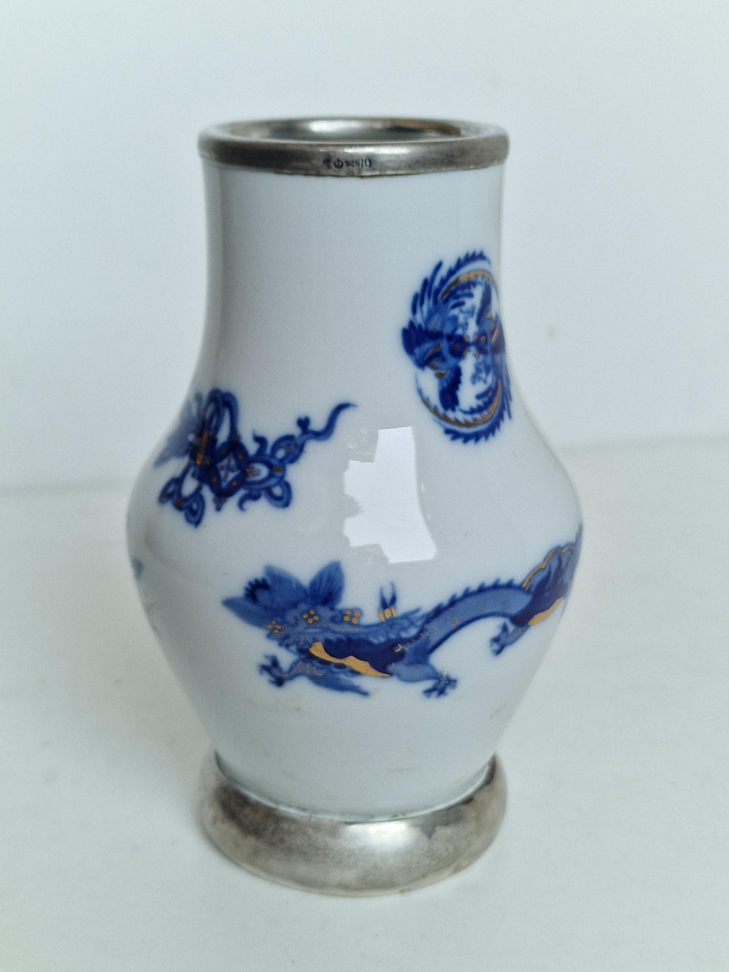 Meissen Porcelain Dragon Vase, 925 Sterling Silver Mount, Circa 1934-45