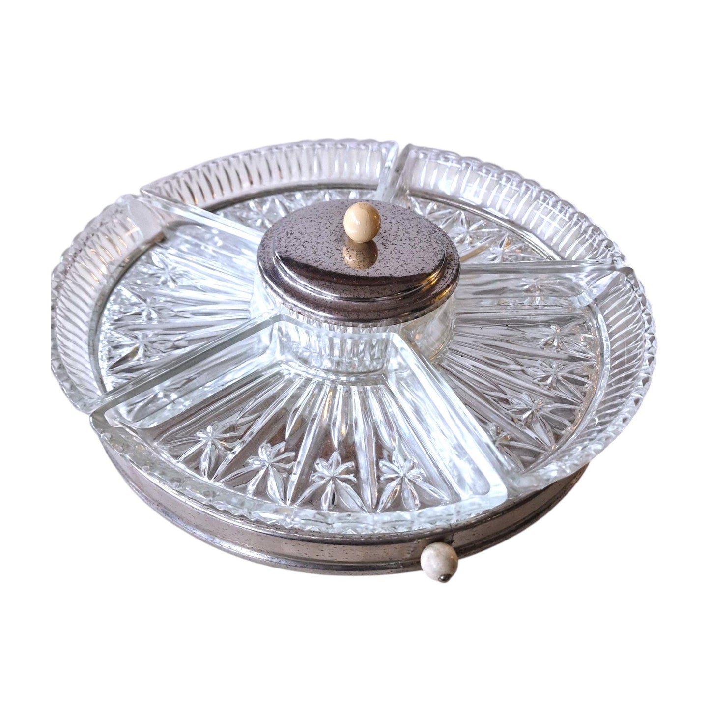 Art Deco Crystal Lazy Susan, Chrome Hors d'oeuvre Serving Platter