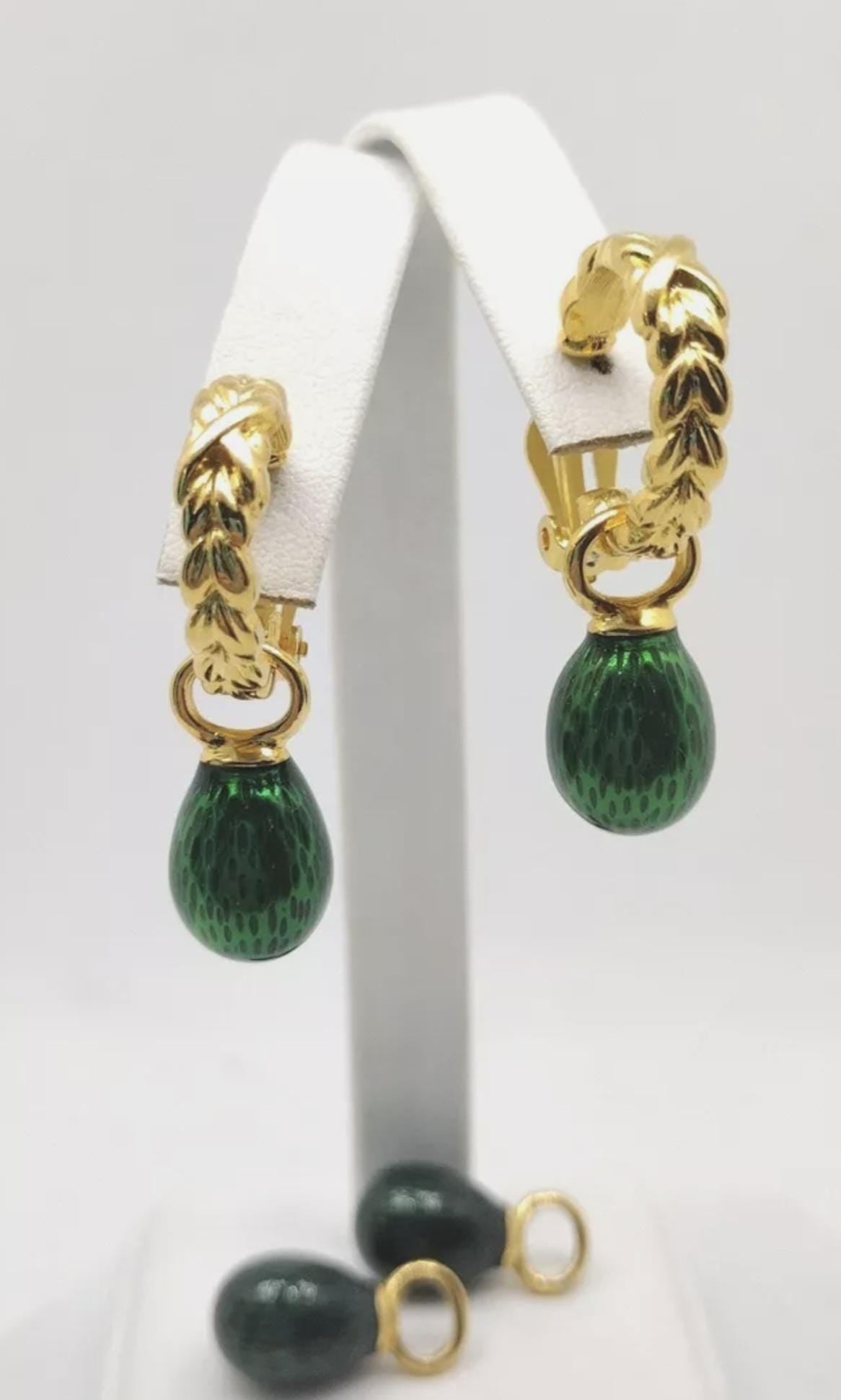 Faberge Egg Clip Earrings, Emerald Green, Vintage Goldgilt Jewelry Fabergé