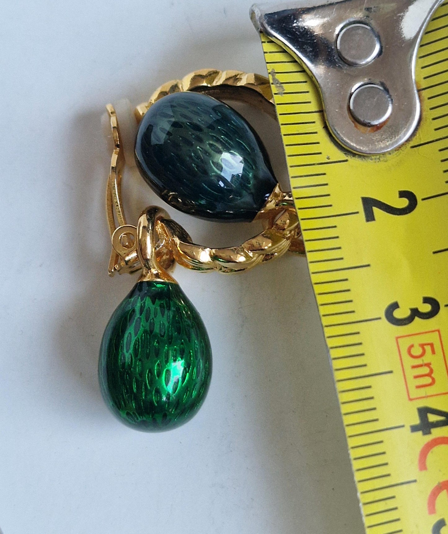 Faberge Egg Clip Earrings, Emerald Green, Vintage Goldgilt Jewelry Fabergé