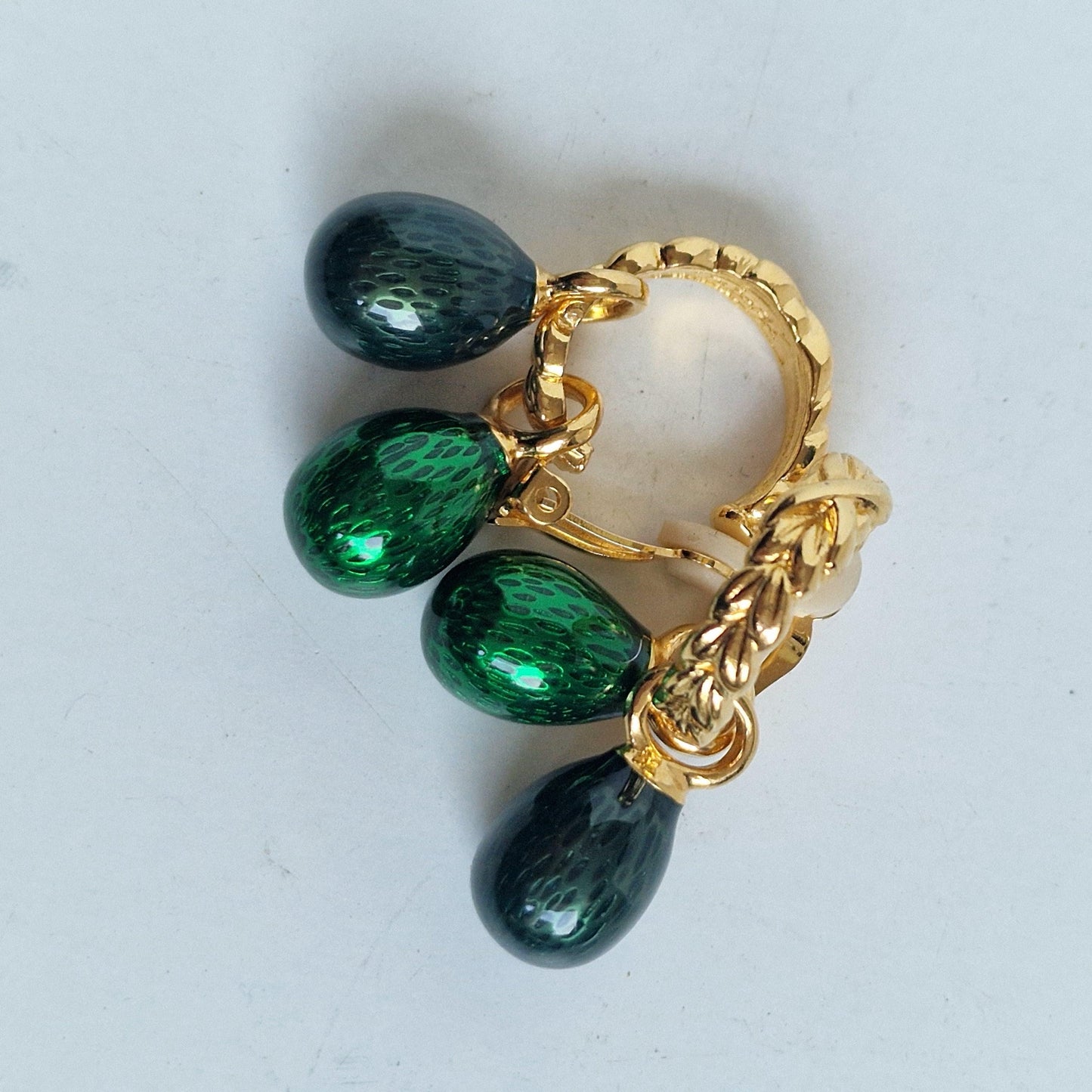 Faberge Egg Clip Earrings, Emerald Green, Vintage Goldgilt Jewelry Fabergé