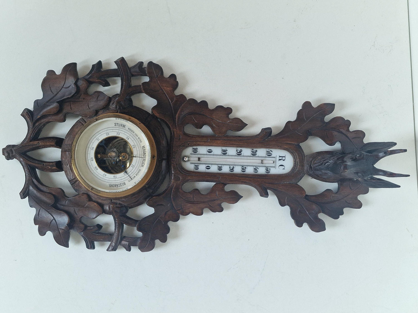 Antique Art Nouveau Holosteric Barometer, German Carved Oak Weather Station