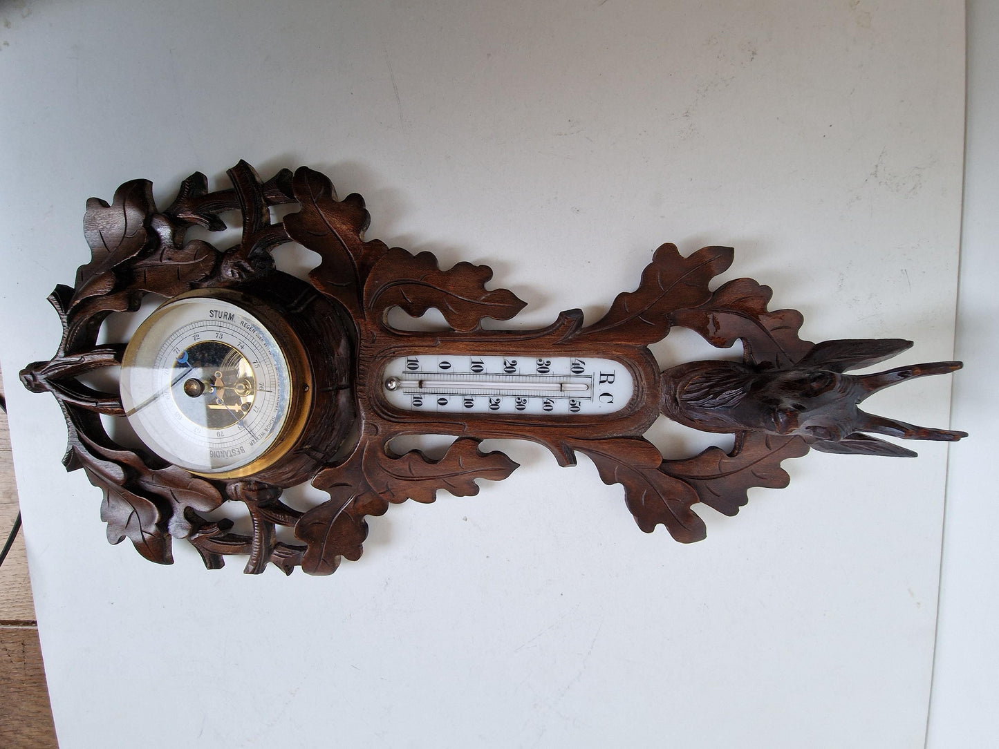 Antique Art Nouveau Holosteric Barometer, German Carved Oak Weather Station