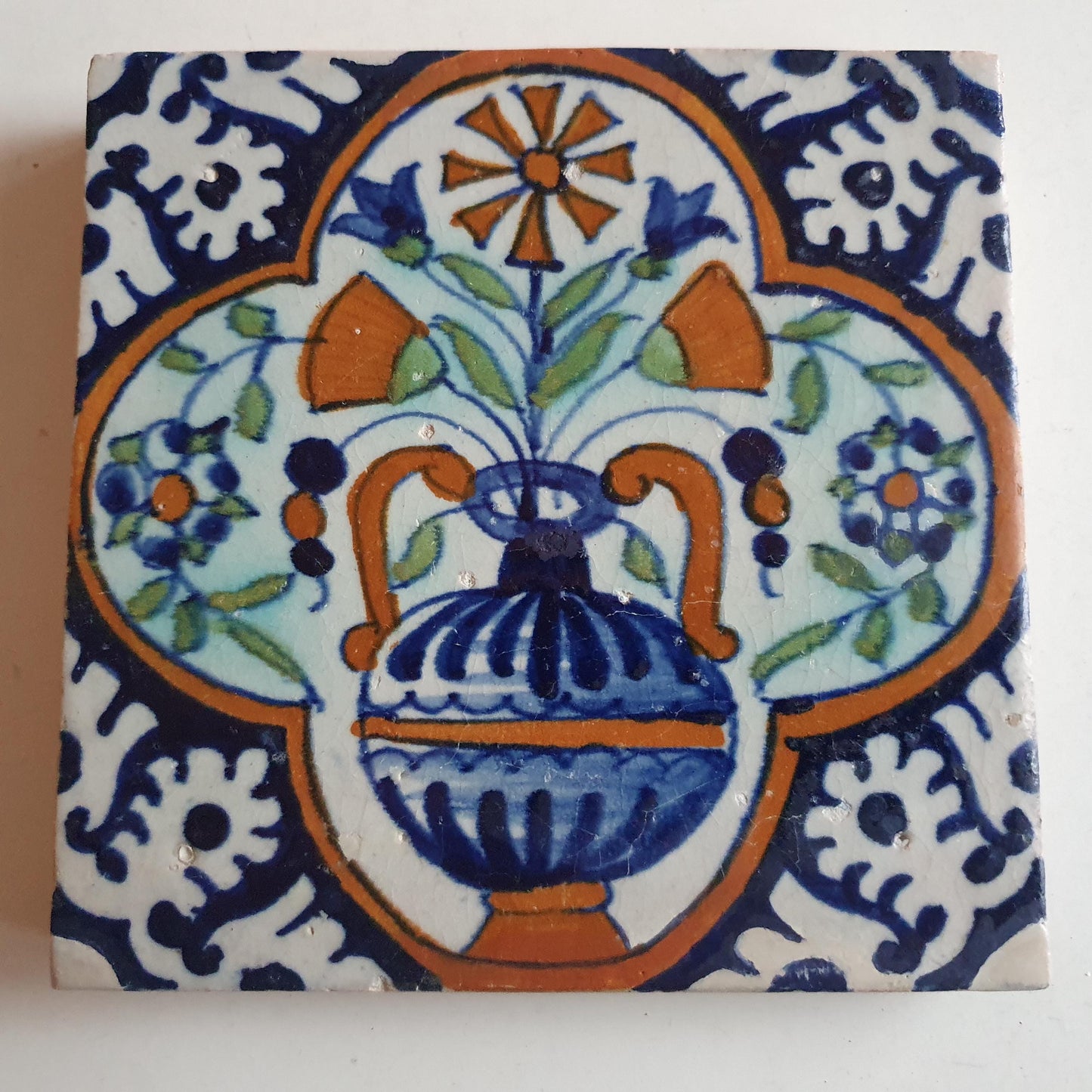 17th Century Dutch Antique Tile – Polychrome Flowerpot Design