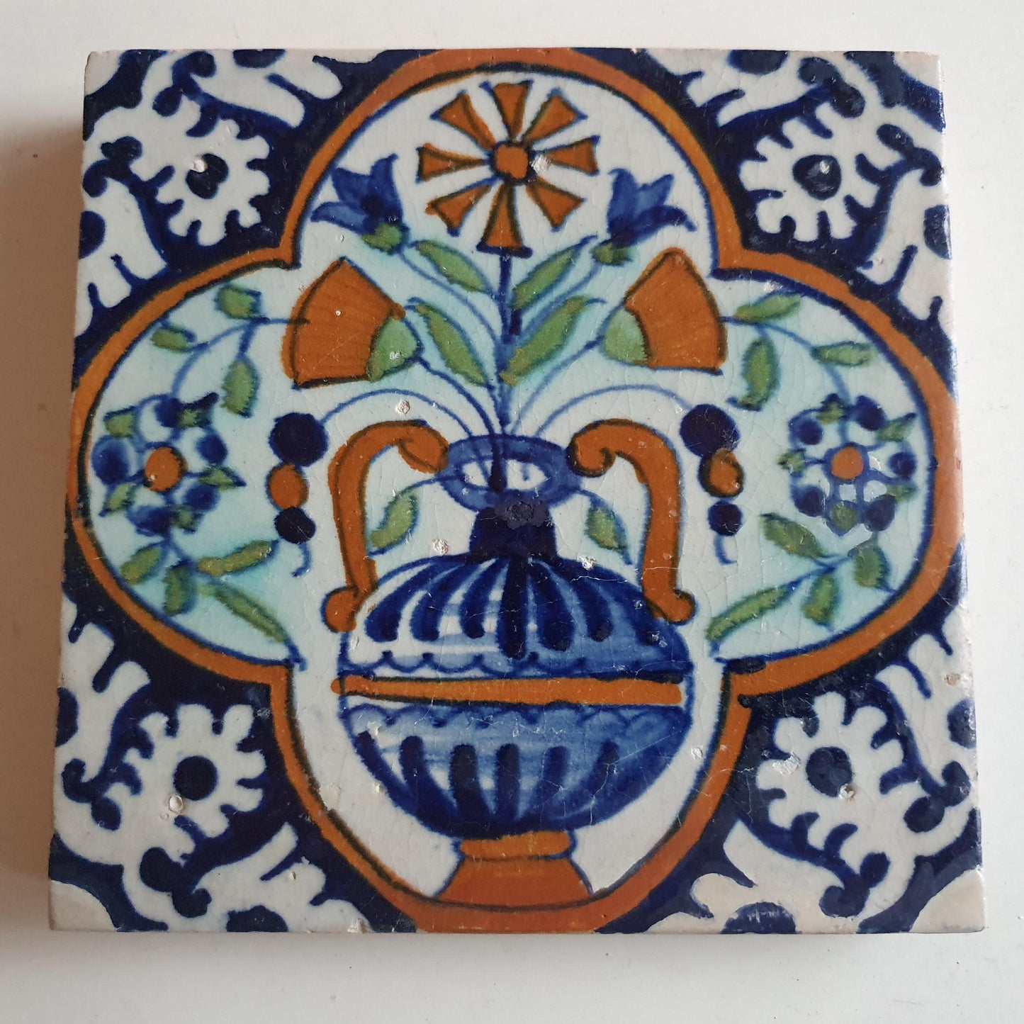 17th Century Dutch Antique Tile – Polychrome Flowerpot Design