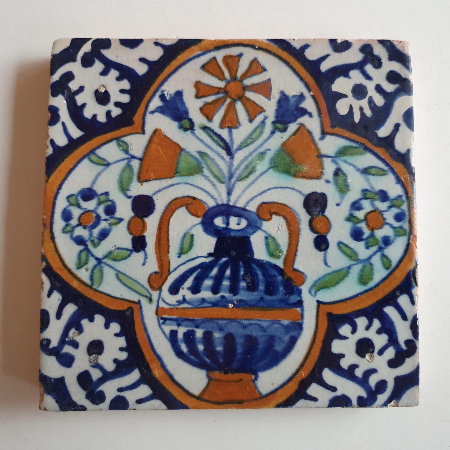17th Century Dutch Tile – Polychrome Flowerpot Design