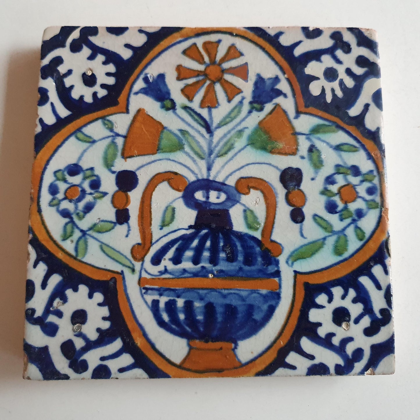 17th Century Dutch Tile – Polychrome Flowerpot Design