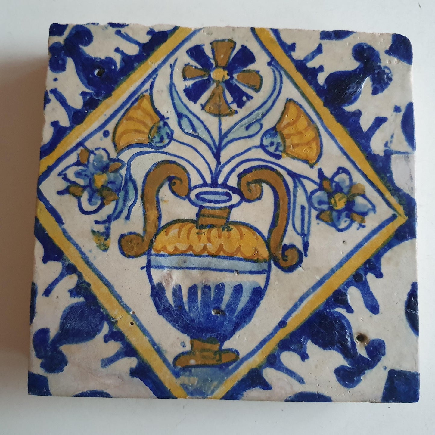 Dutch Antique Tile – 17th Century Polychrome Flowerpot Design