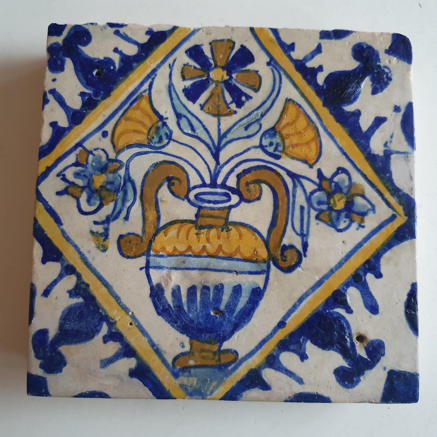 Dutch Antique Tile – 17th Century Polychrome Flowerpot Design