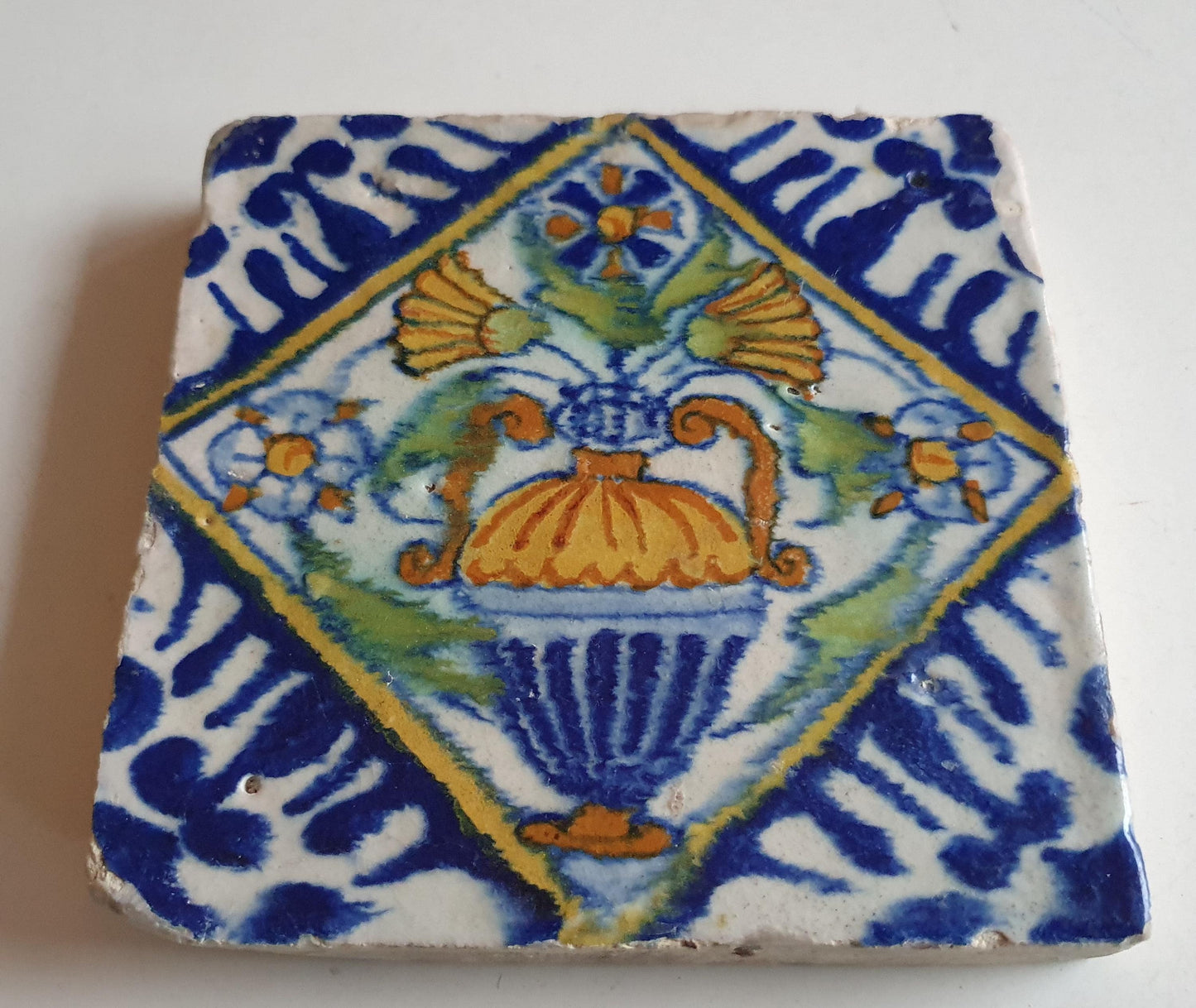 17th Century Dutch Tile – Polychrome Flowerpot, Antique Ornament