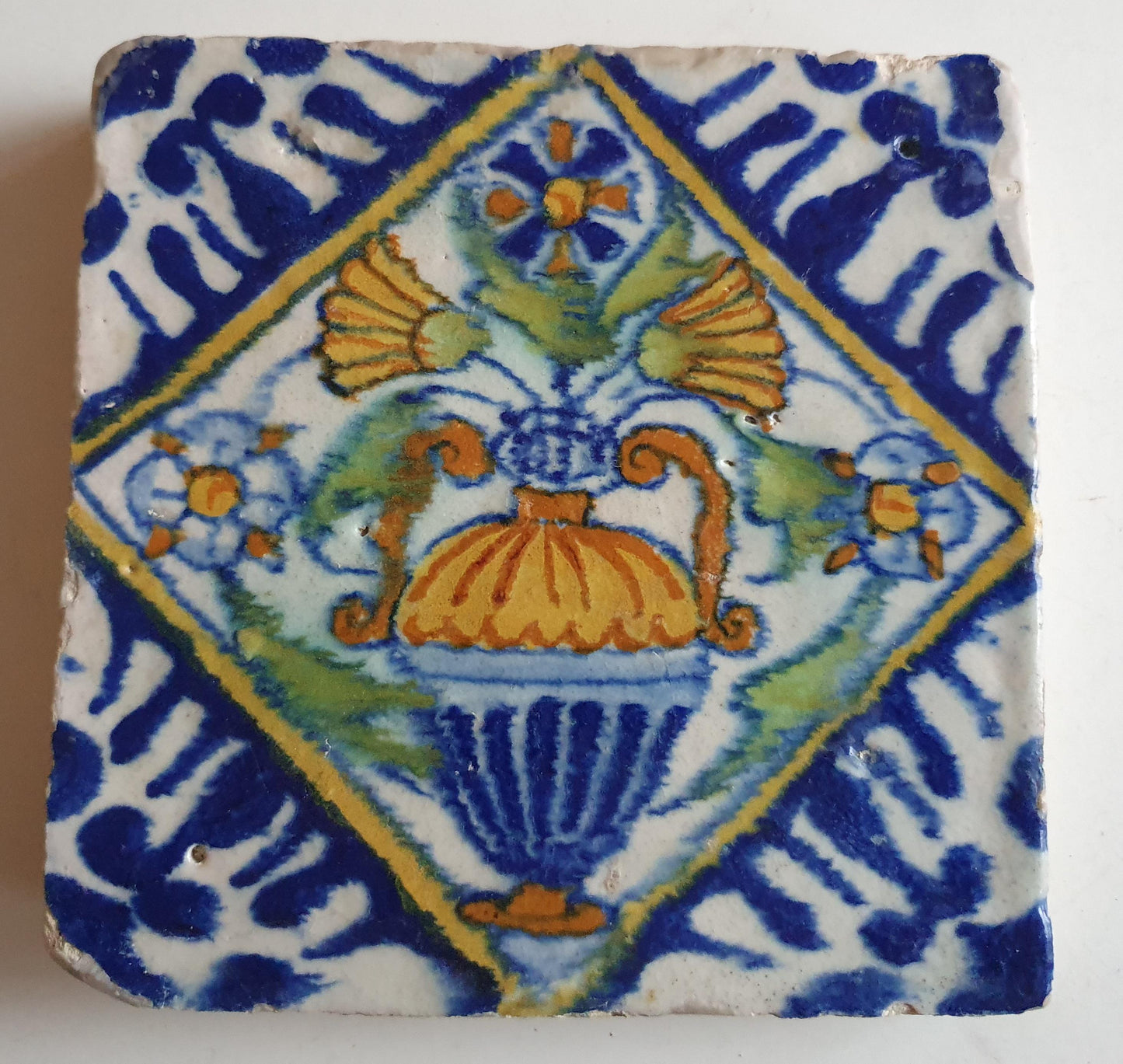 17th Century Dutch Tile – Polychrome Flowerpot, Antique Ornament