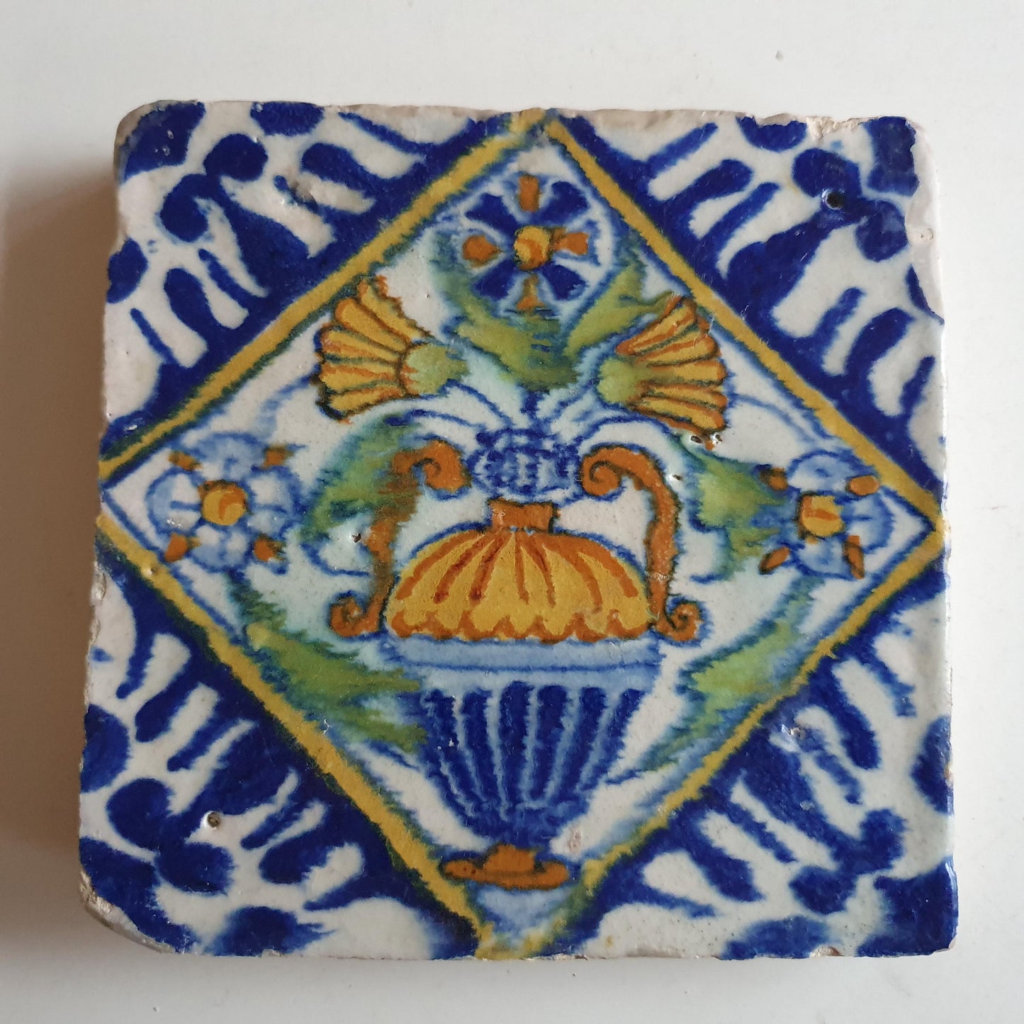 17th Century Dutch Tile – Polychrome Flowerpot, Antique Ornament