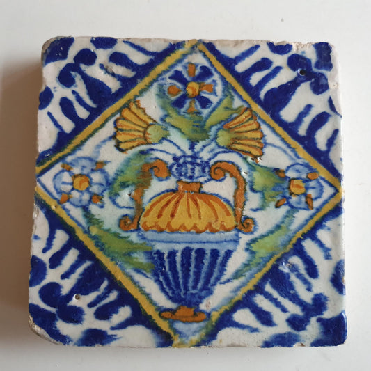 17th Century Dutch Tile – Polychrome Flowerpot, Antique Ornament