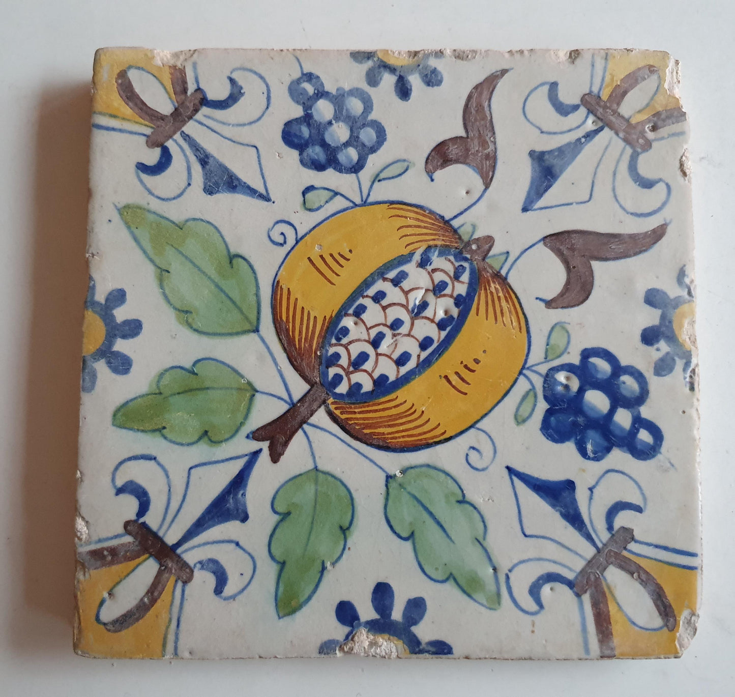 Antique Dutch Tile – 17th Century Polychrome Pomegranate Ornament