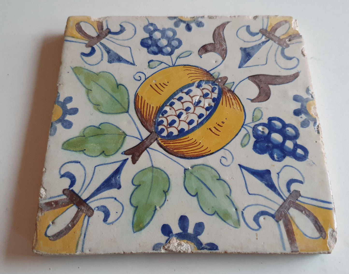 Antique Dutch Tile – 17th Century Polychrome Pomegranate Ornament