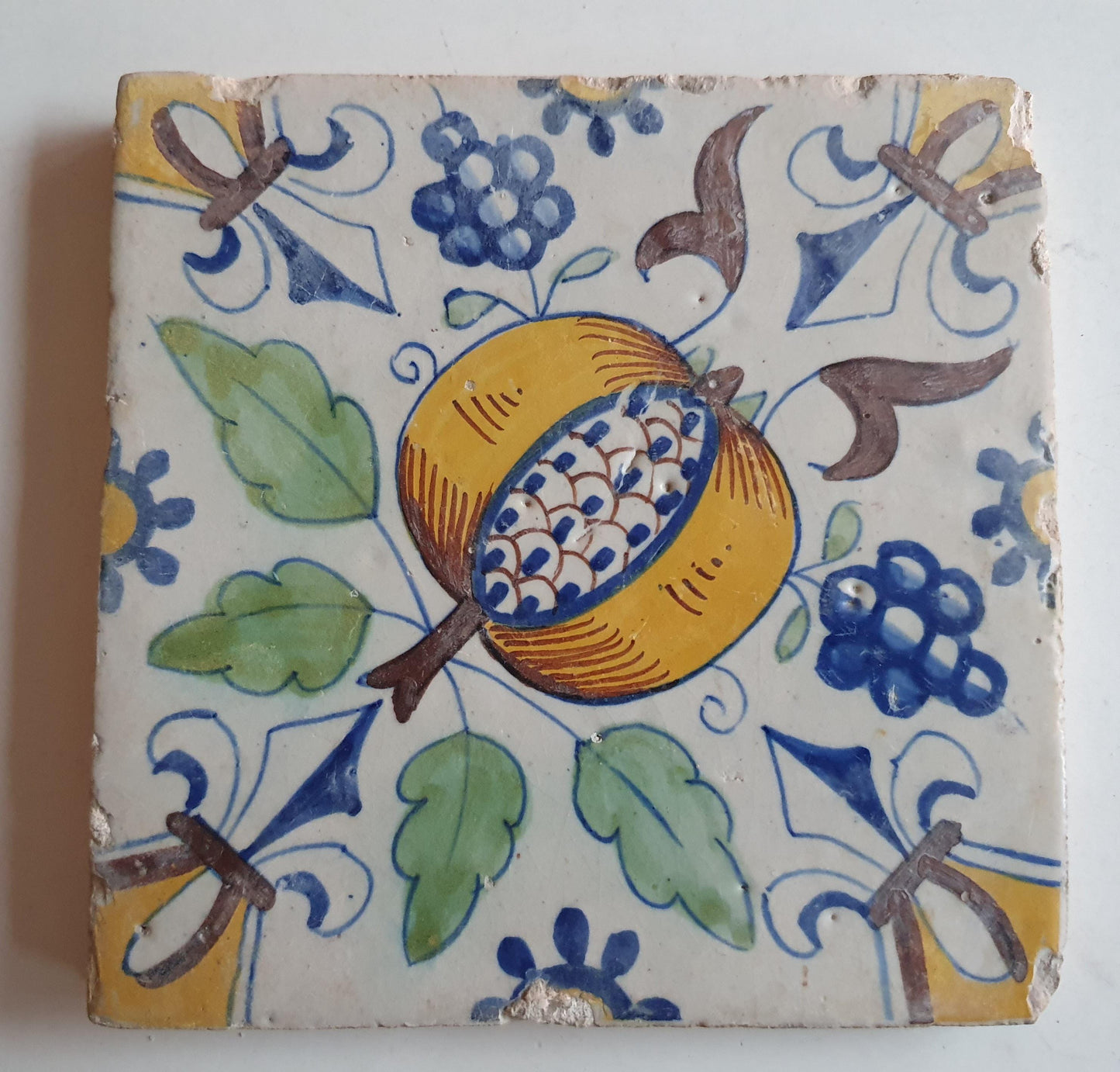 Antique Dutch Tile – 17th Century Polychrome Pomegranate Ornament