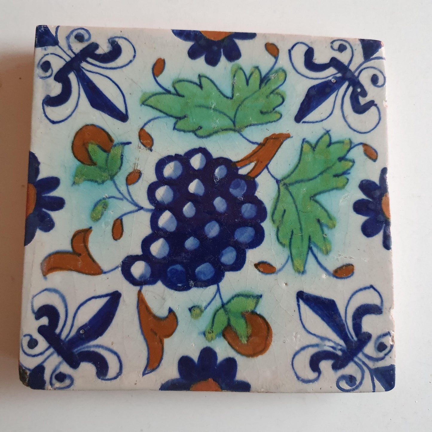 Antique Dutch Tile: 17th Century Polychrome Grape Bunch