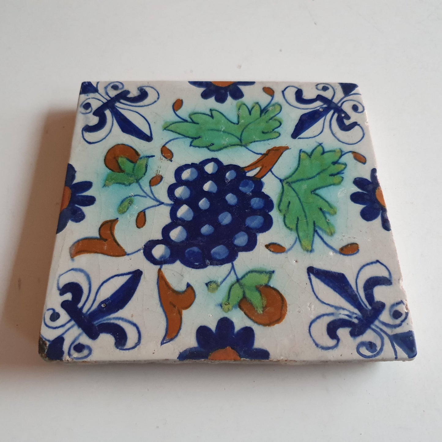 Antique Dutch Tile: 17th Century Polychrome Grape Bunch