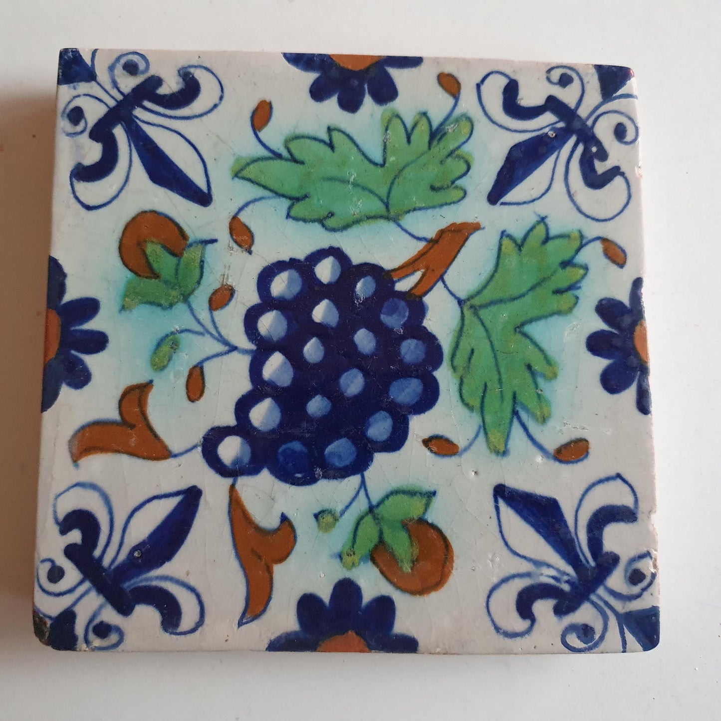 Antique Dutch Tile: 17th Century Polychrome Grape Bunch