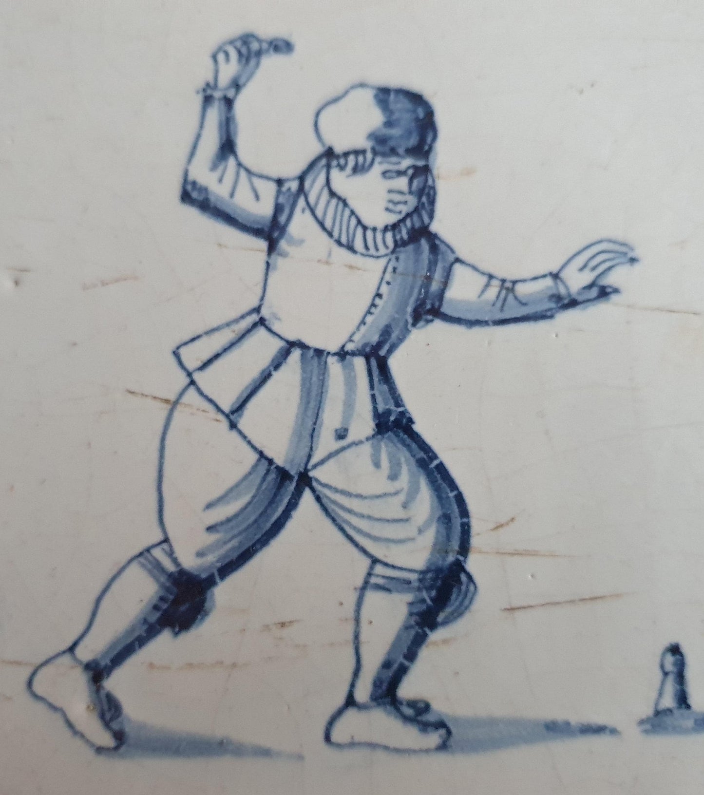 Antique Dutch Tile - child,s play  - Dated 1640, oxhead corner