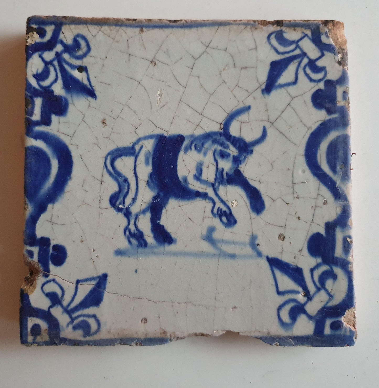Antique Dutch Delft Tile – Bull Motif, Dated 1640