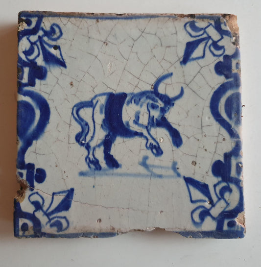 Antique Dutch Delft Tile – Bull Motif, Dated 1640