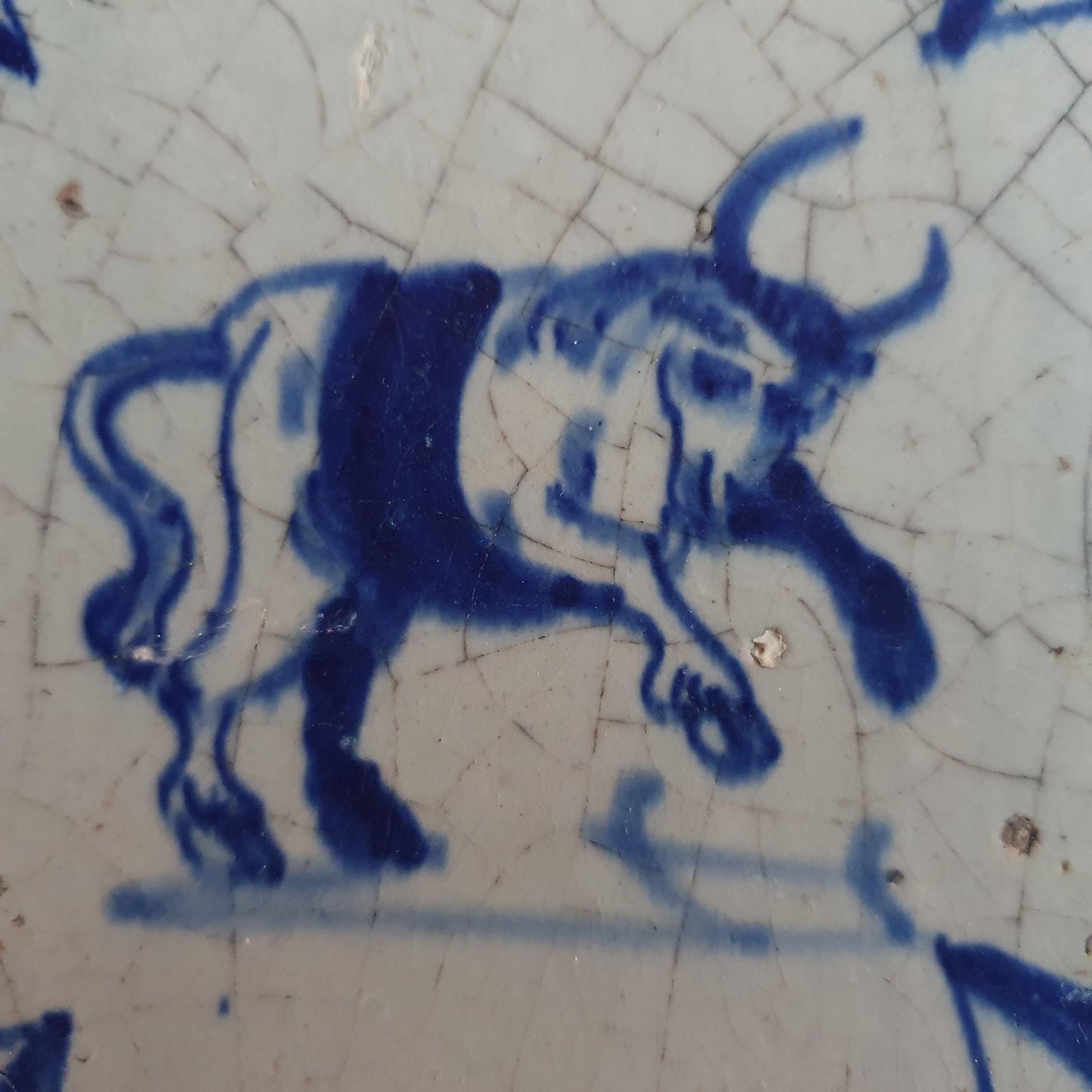 Antique Dutch Delft Tile – Bull Motif, Dated 1640