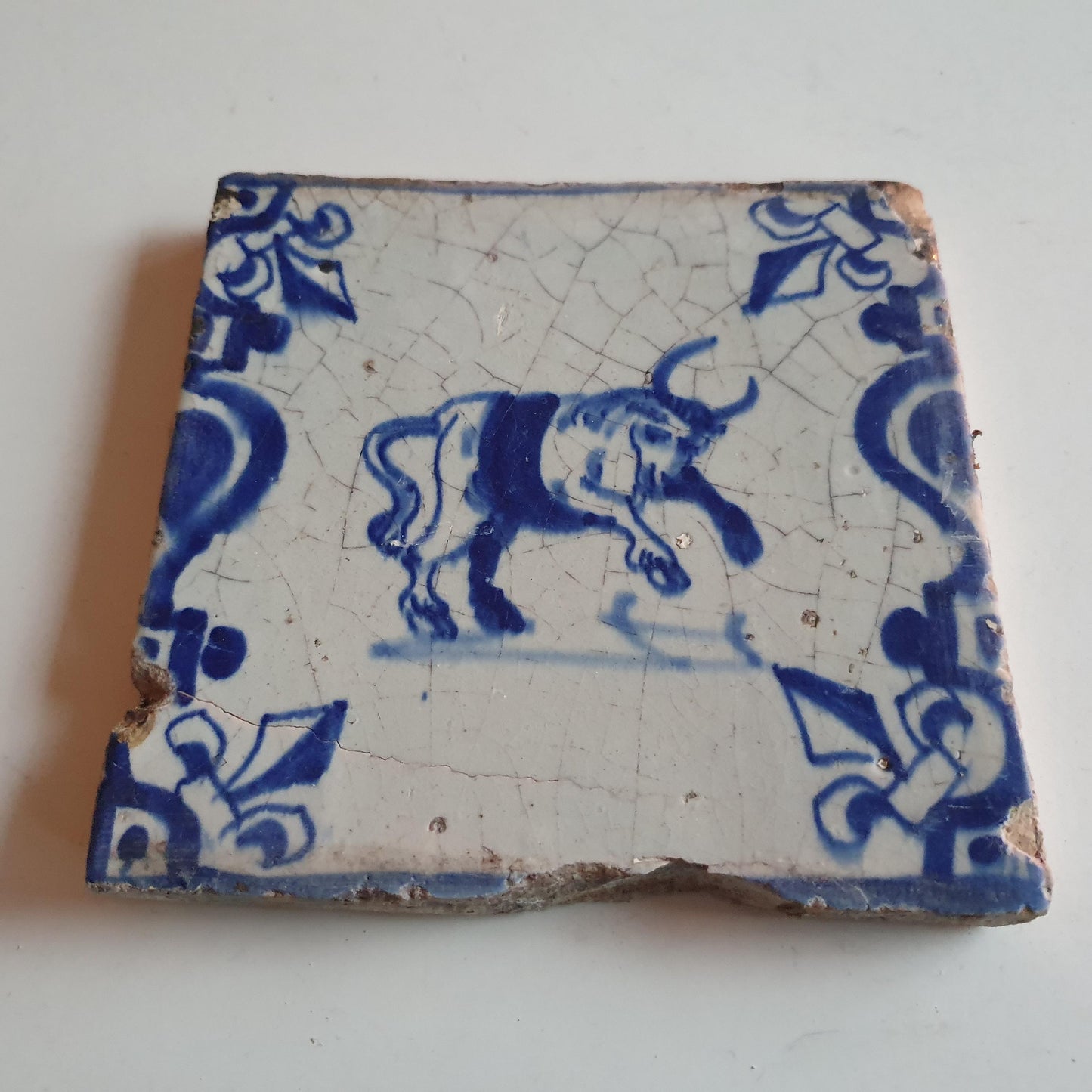 Antique Dutch Delft Tile – Bull Motif, Dated 1640