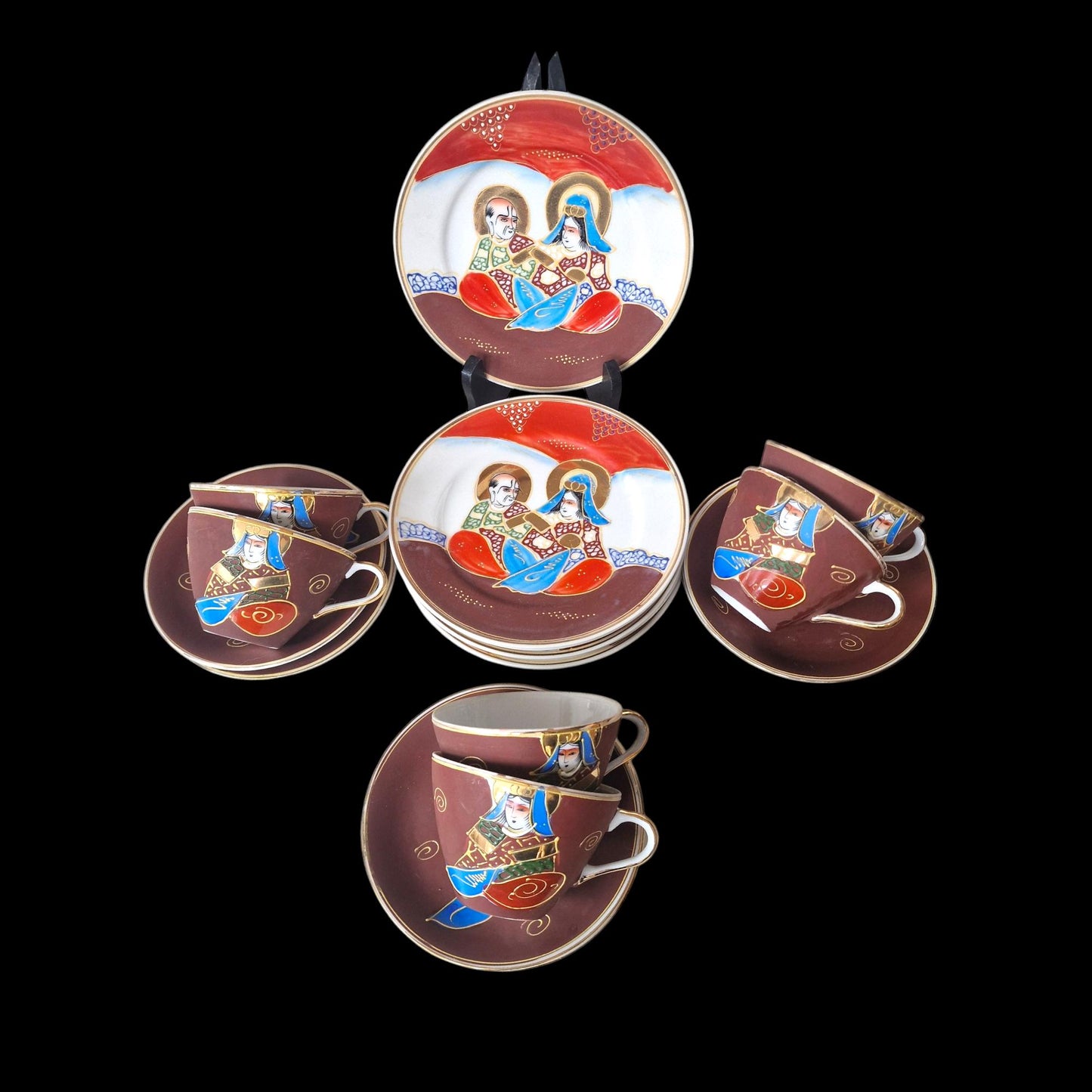 Hand-Painted Geisha Porcelain Tea Set, Vintage 6-Person Service