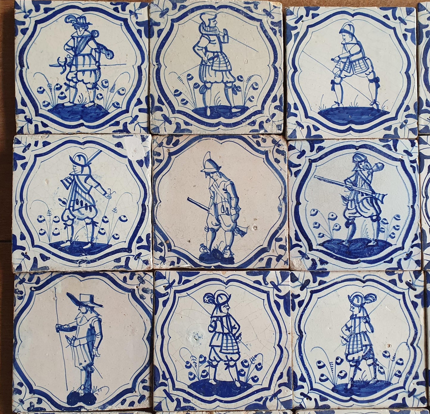 25 Antique Delft Tiles – 17th Century Dutch Soldiers, Wanli Motif