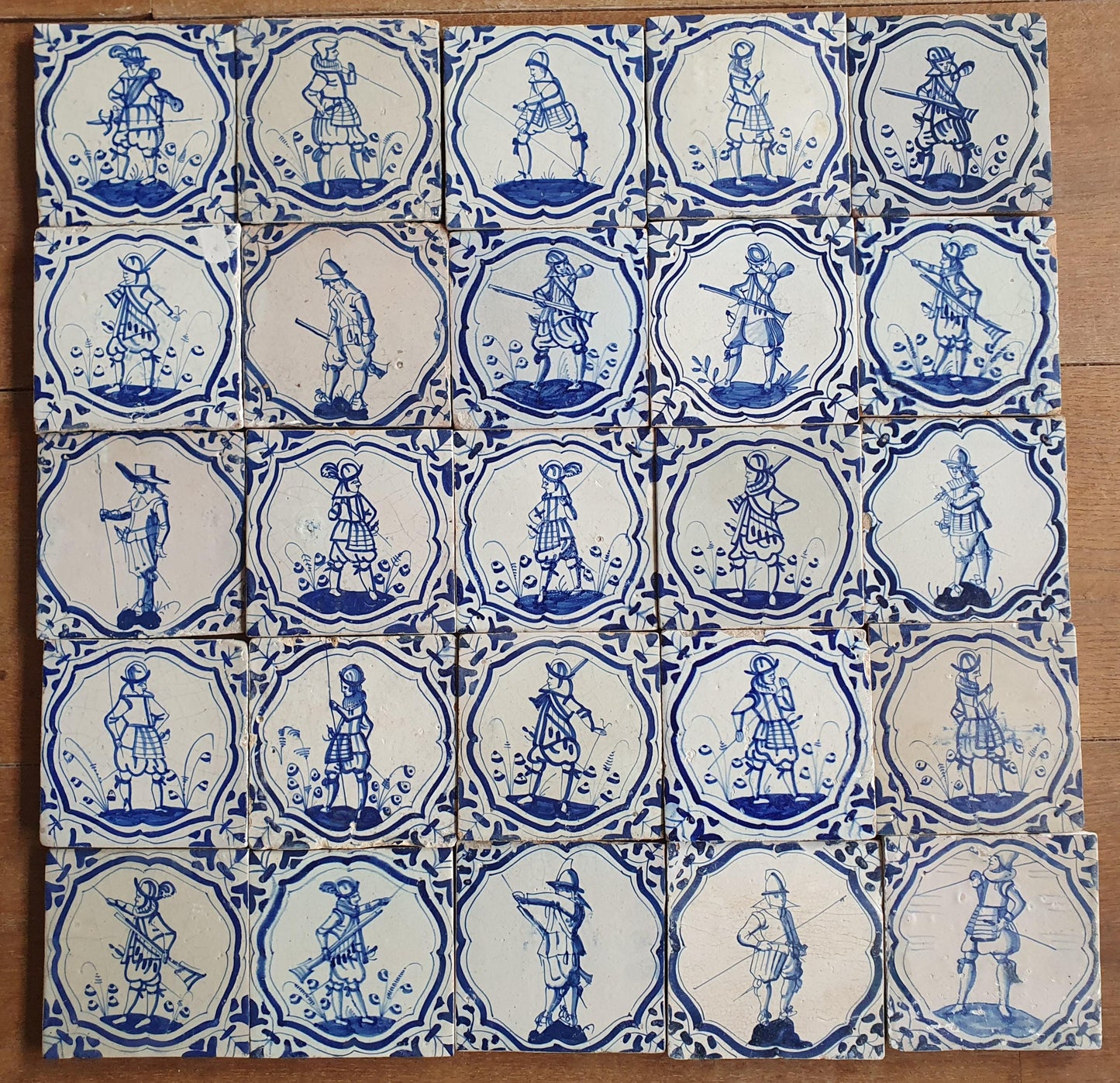 25 Antique Delft Tiles – 17th Century Dutch Soldiers, Wanli Motif
