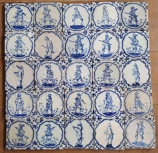 25 Antique Delft Tiles – 17th Century Dutch Soldiers, Wanli Motif