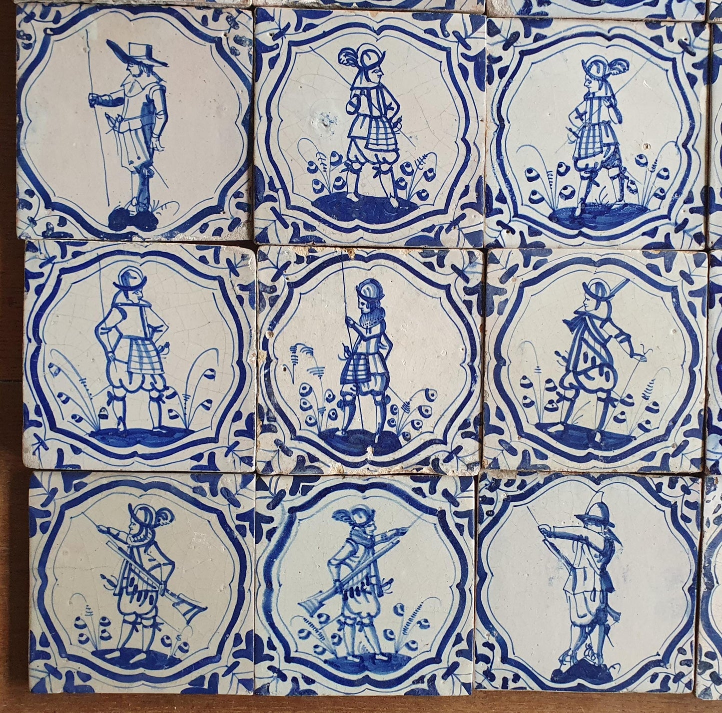 25 Antique Delft Tiles – 17th Century Dutch Soldiers, Wanli Motif