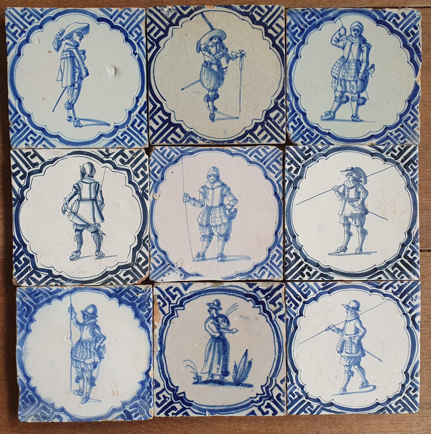 Antique Delft Blue Tiles, 1625 Dutch Tile, Rembrandt Style, Set of 9