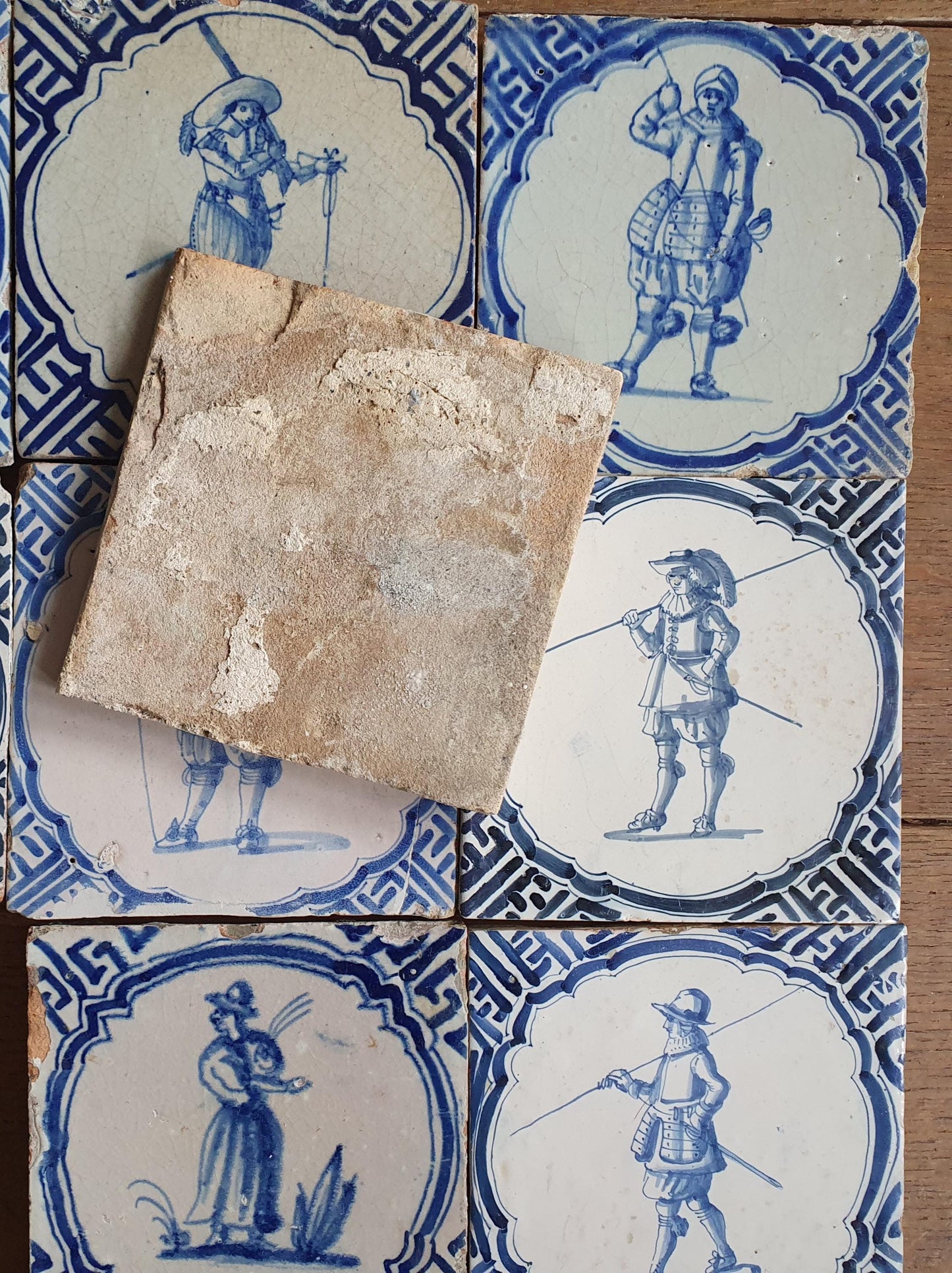 Antique Delft Blue Tiles, 1625 Dutch Tile, Rembrandt Style, Set of 9