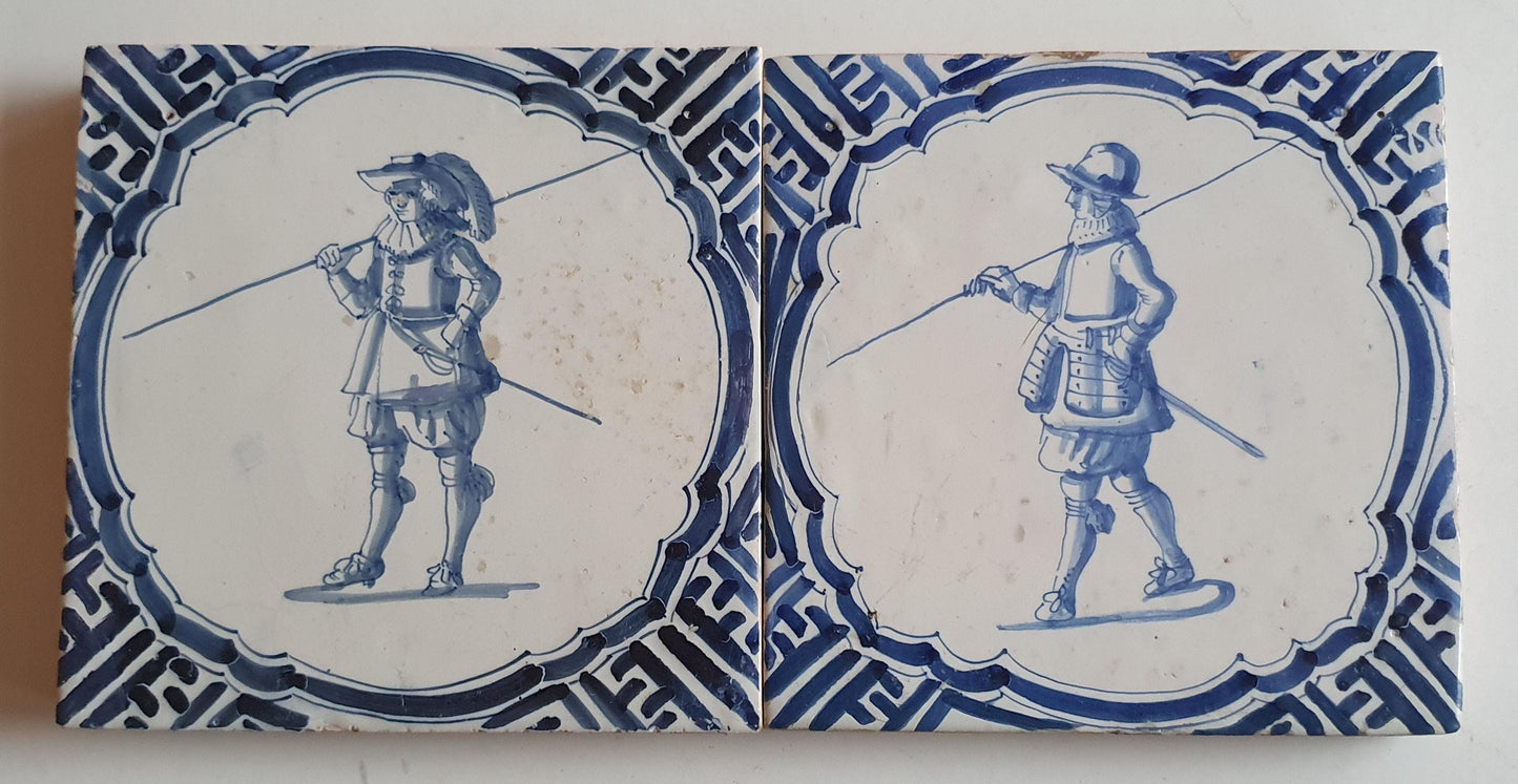 Antique Delft Tile Pair, Dutch Musketeer, circa 1625