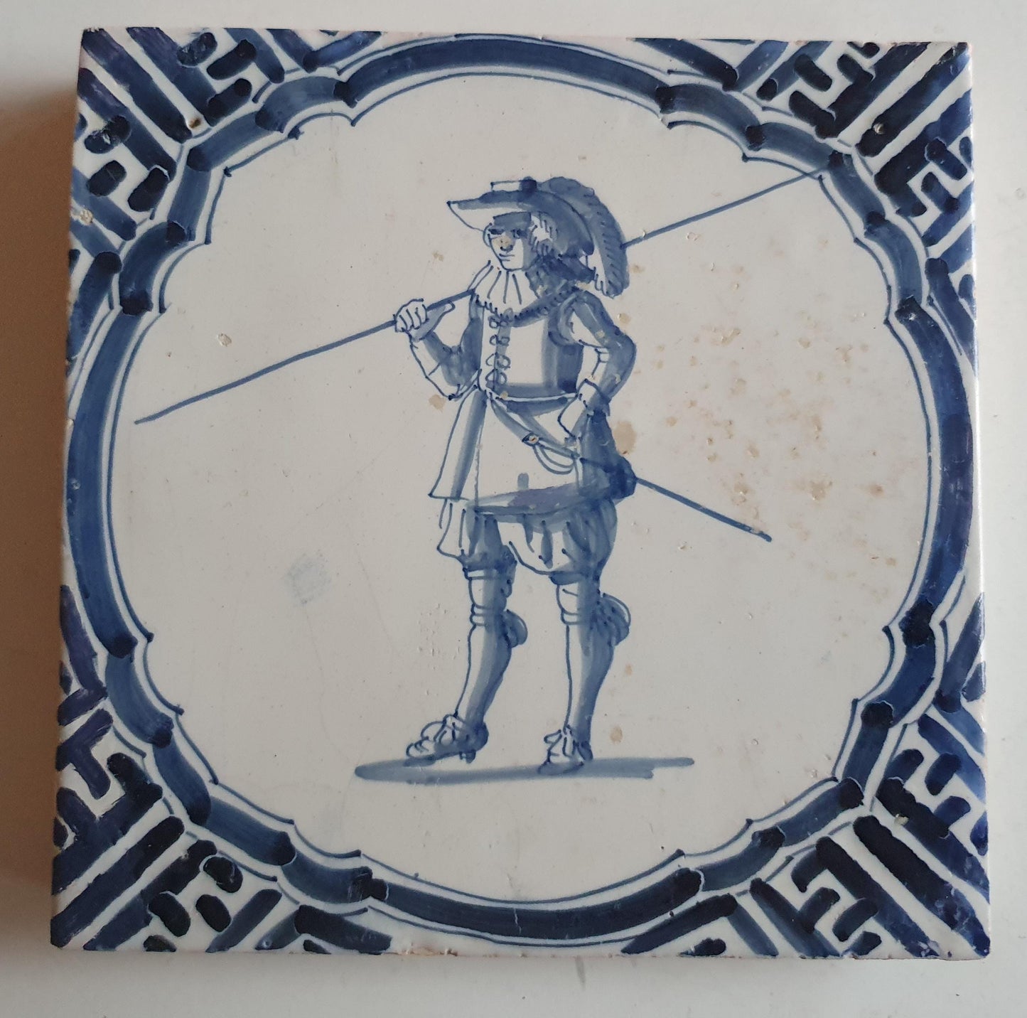 Antique Delft Tile Pair, Dutch Musketeer, circa 1625